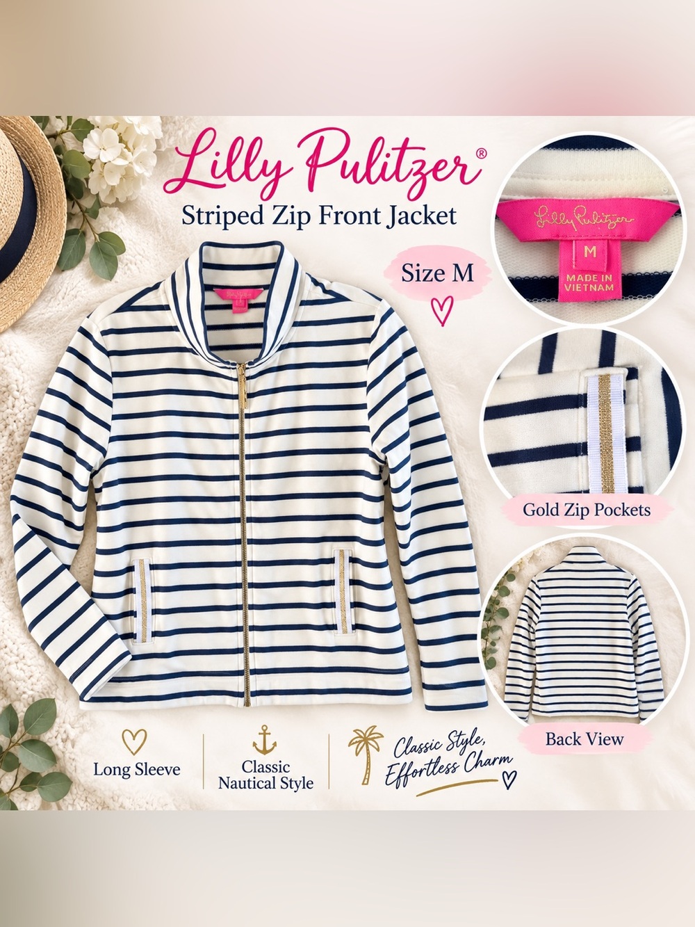 Lilly Pulitzer Navy and White Striped Zip-Up Bomber Jacket Medium